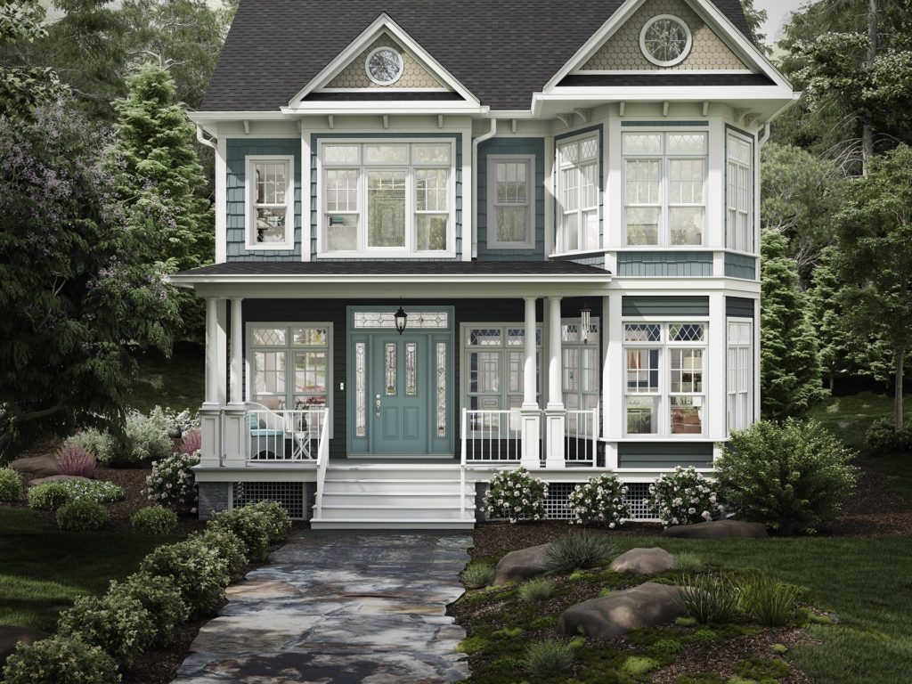 Front view of colonial style home with custom windows