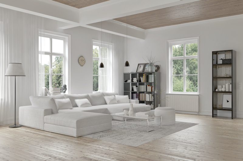 living room with casement and awning windows