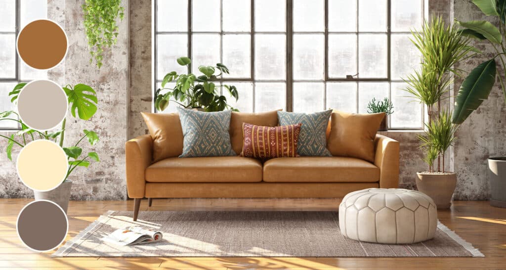 brown couch in an earth neutral living room